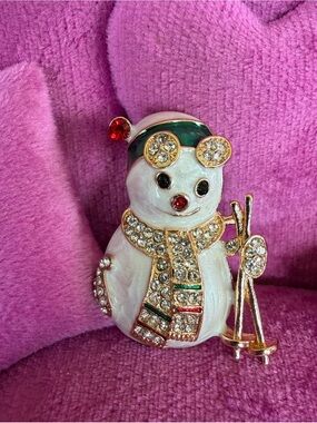 Rhinestone Snowman Skiing Brooch - CHRISTMAS IN JULY!